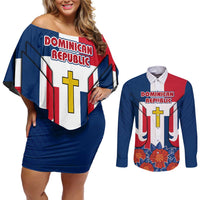 Dominican Republic Flag Couples Matching Off Shoulder Short Dress and Long Sleeve Button Shirt with Cross and Floral Design Red Blue Pattern - Wonder Print Shop