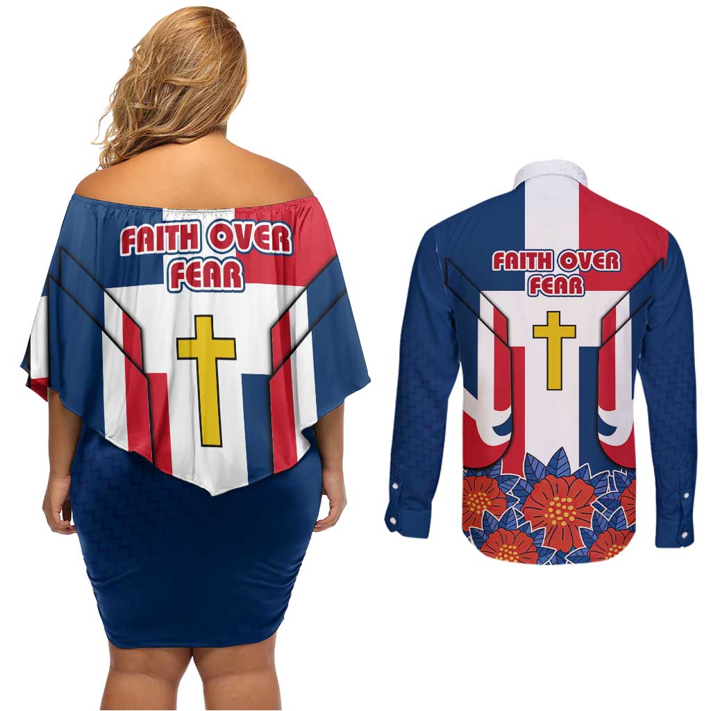 Dominican Republic Flag Couples Matching Off Shoulder Short Dress and Long Sleeve Button Shirt with Cross and Floral Design Red Blue Pattern - Wonder Print Shop