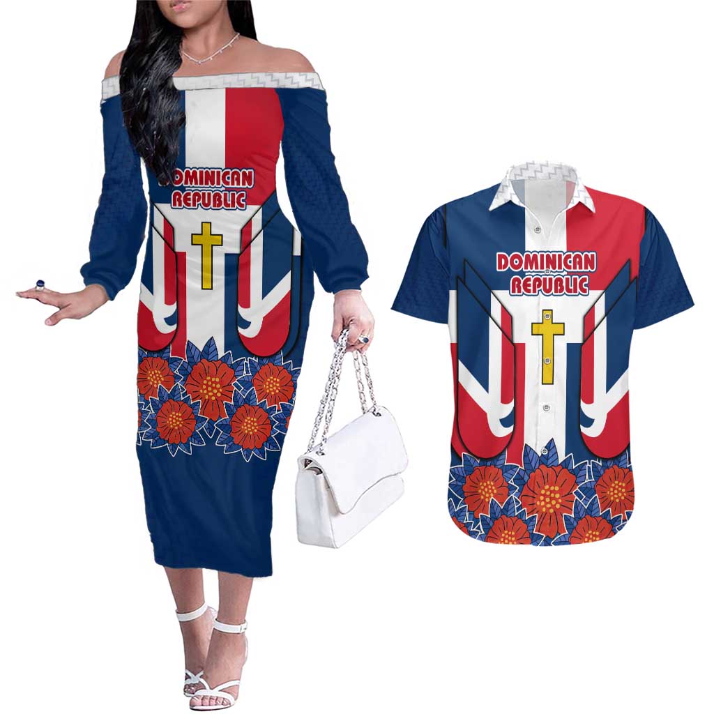 Dominican Republic Flag Couples Matching Off The Shoulder Long Sleeve Dress and Hawaiian Shirt with Cross and Floral Design Red Blue Pattern - Wonder Print Shop