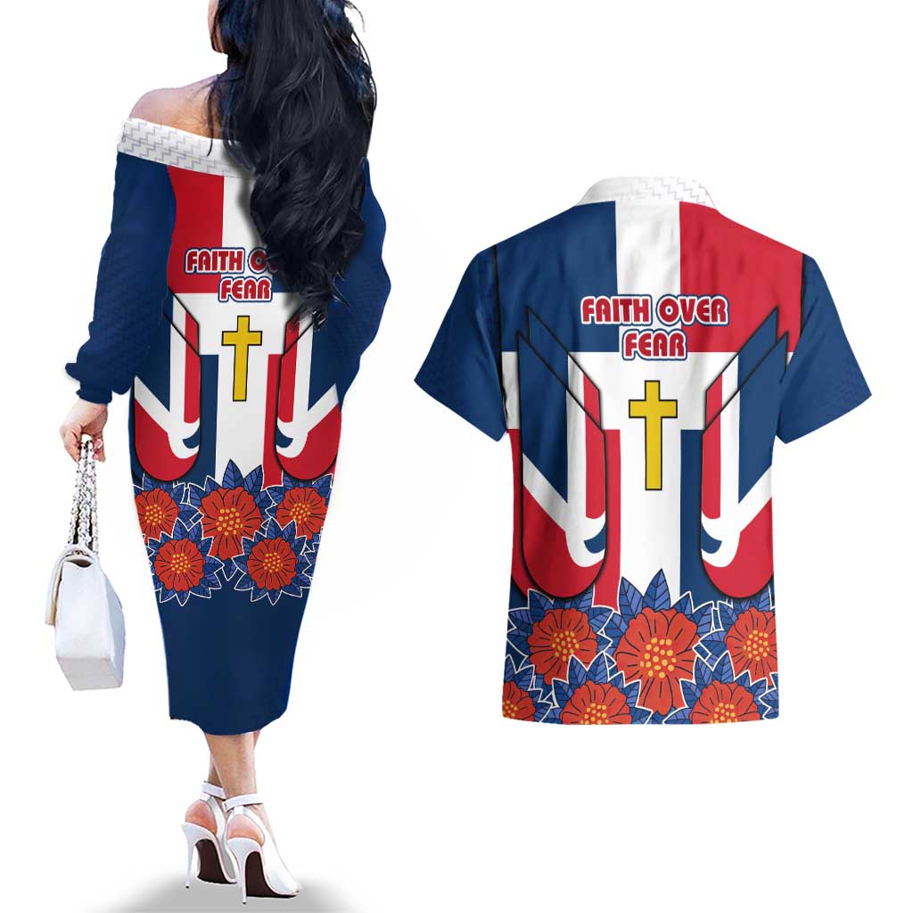 Dominican Republic Flag Couples Matching Off The Shoulder Long Sleeve Dress and Hawaiian Shirt with Cross and Floral Design Red Blue Pattern - Wonder Print Shop