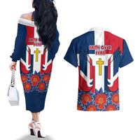 Dominican Republic Flag Couples Matching Off The Shoulder Long Sleeve Dress and Hawaiian Shirt with Cross and Floral Design Red Blue Pattern - Wonder Print Shop