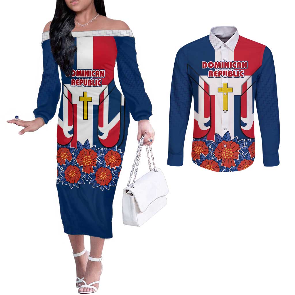 Dominican Republic Flag Couples Matching Off The Shoulder Long Sleeve Dress and Long Sleeve Button Shirt with Cross and Floral Design Red Blue Pattern - Wonder Print Shop
