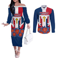Dominican Republic Flag Couples Matching Off The Shoulder Long Sleeve Dress and Long Sleeve Button Shirt with Cross and Floral Design Red Blue Pattern - Wonder Print Shop