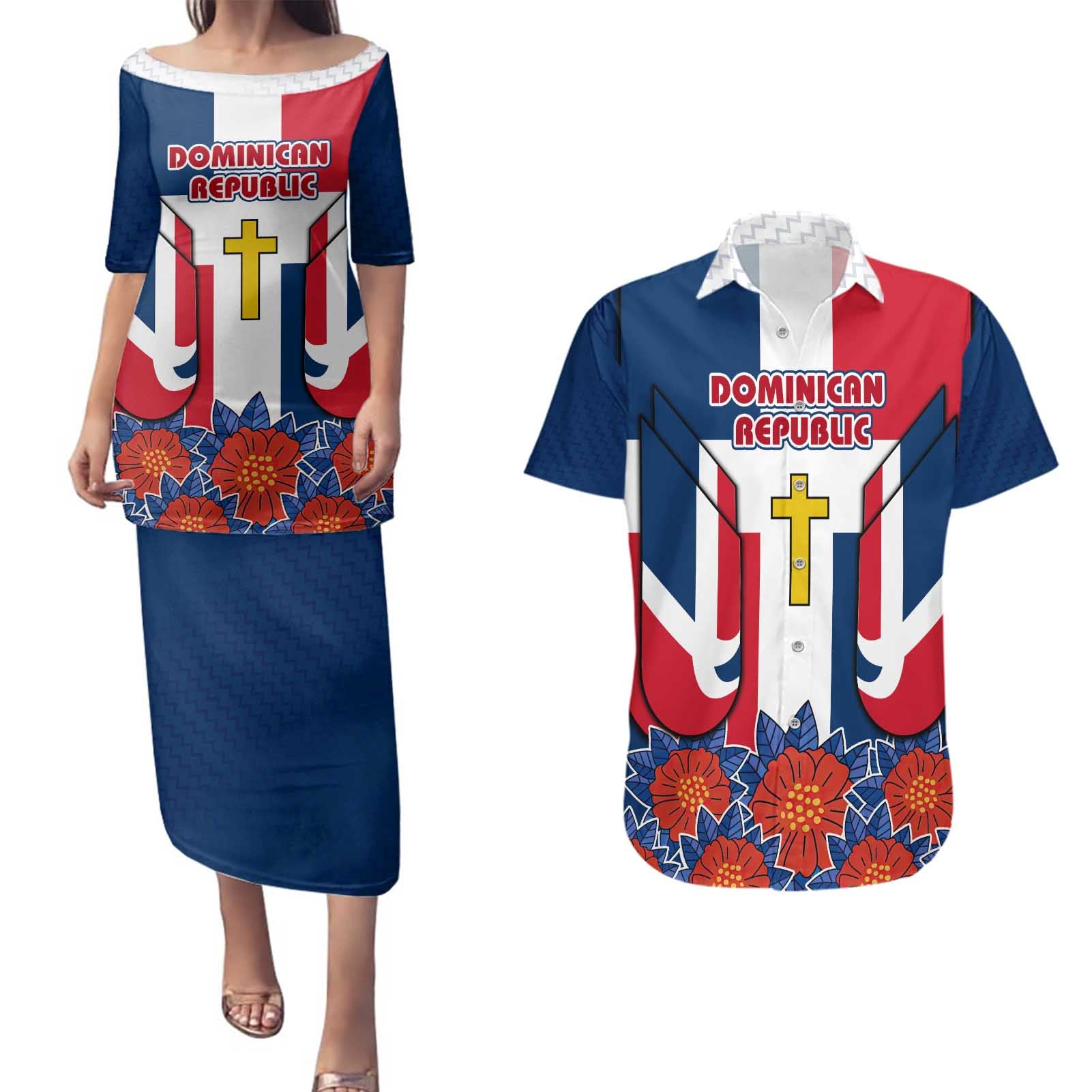 Dominican Republic Flag Couples Matching Puletasi and Hawaiian Shirt with Cross and Floral Design Red Blue Pattern - Wonder Print Shop