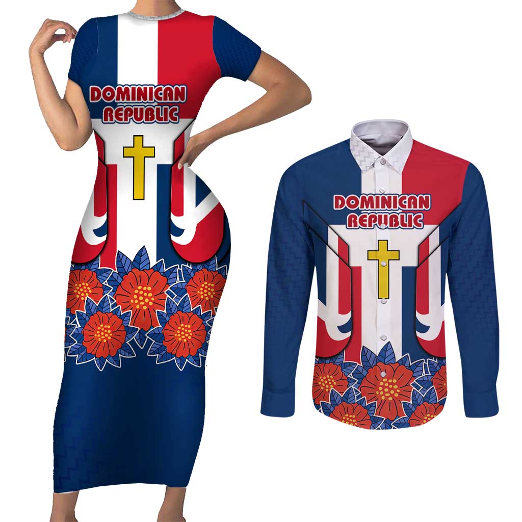 Dominican Republic Flag Couples Matching Short Sleeve Bodycon Dress and Long Sleeve Button Shirt with Cross and Floral Design Red Blue Pattern - Wonder Print Shop