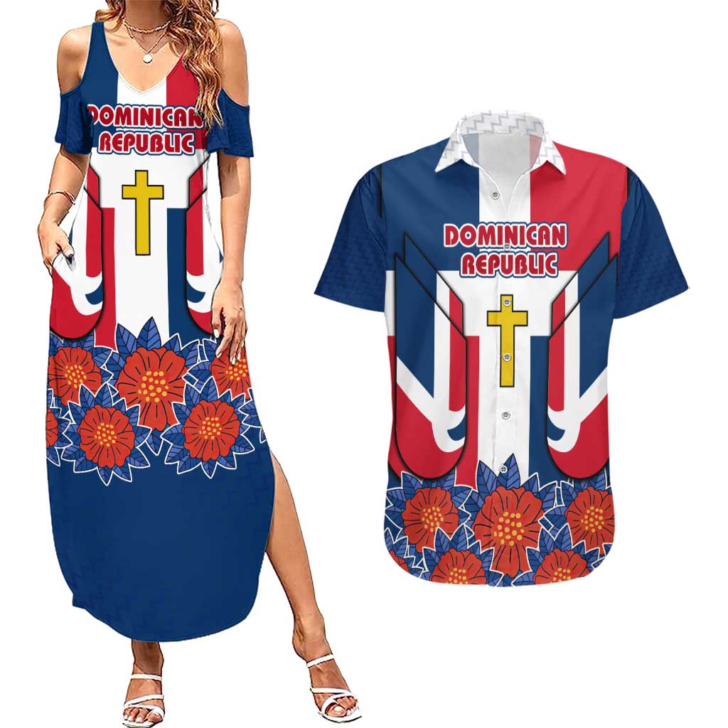 Dominican Republic Flag Couples Matching Summer Maxi Dress and Hawaiian Shirt with Cross and Floral Design Red Blue Pattern - Wonder Print Shop