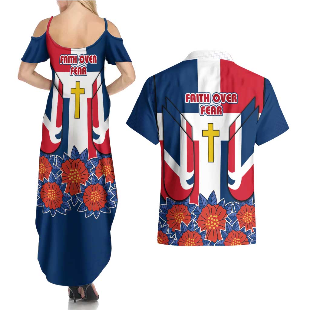 Dominican Republic Flag Couples Matching Summer Maxi Dress and Hawaiian Shirt with Cross and Floral Design Red Blue Pattern - Wonder Print Shop
