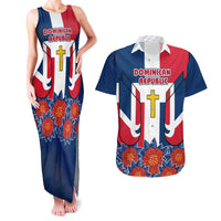 Dominican Republic Flag Couples Matching Tank Maxi Dress and Hawaiian Shirt with Cross and Floral Design Red Blue Pattern - Wonder Print Shop