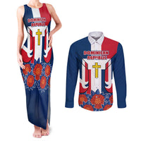 Dominican Republic Flag Couples Matching Tank Maxi Dress and Long Sleeve Button Shirt with Cross and Floral Design Red Blue Pattern - Wonder Print Shop