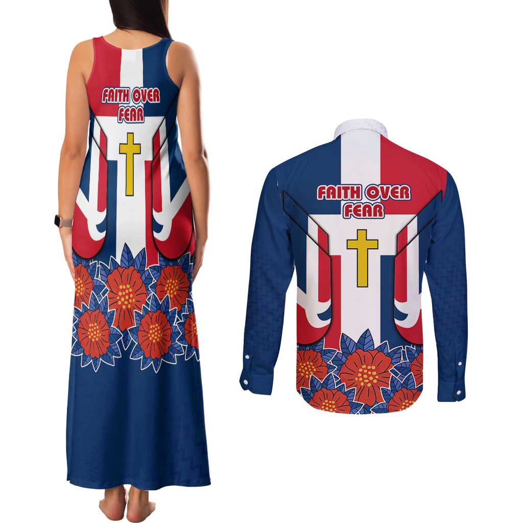 Dominican Republic Flag Couples Matching Tank Maxi Dress and Long Sleeve Button Shirt with Cross and Floral Design Red Blue Pattern - Wonder Print Shop