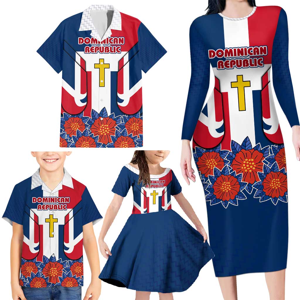 Dominican Republic Flag Family Matching Long Sleeve Bodycon Dress and Hawaiian Shirt with Cross and Floral Design Red Blue Pattern - Wonder Print Shop