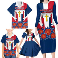 Dominican Republic Flag Family Matching Long Sleeve Bodycon Dress and Hawaiian Shirt with Cross and Floral Design Red Blue Pattern - Wonder Print Shop