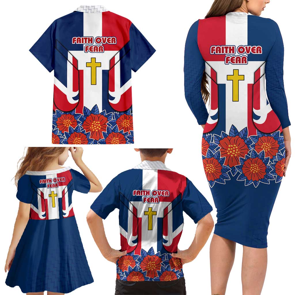 Dominican Republic Flag Family Matching Long Sleeve Bodycon Dress and Hawaiian Shirt with Cross and Floral Design Red Blue Pattern - Wonder Print Shop