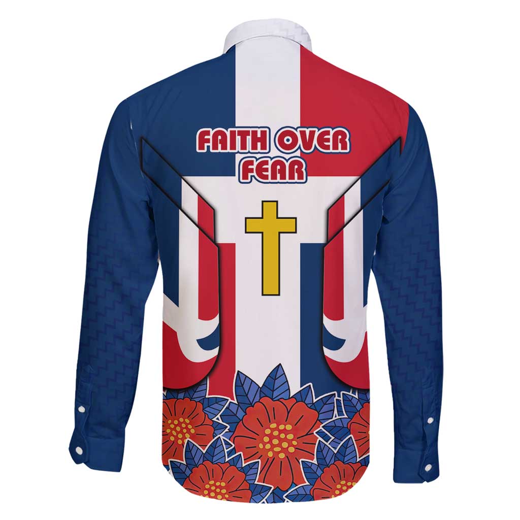 Dominican Republic Flag Family Matching Long Sleeve Bodycon Dress and Hawaiian Shirt with Cross and Floral Design Red Blue Pattern - Wonder Print Shop