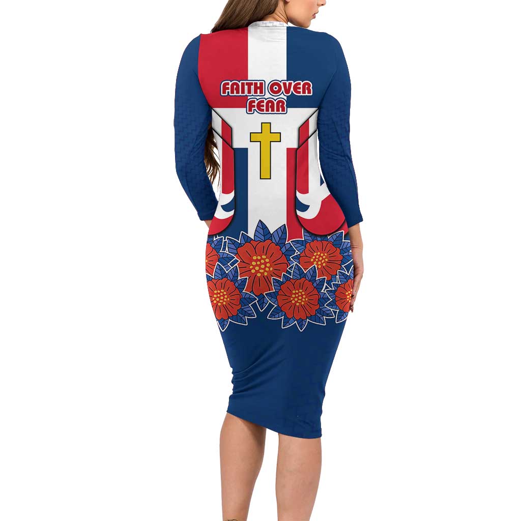 Dominican Republic Flag Family Matching Long Sleeve Bodycon Dress and Hawaiian Shirt with Cross and Floral Design Red Blue Pattern - Wonder Print Shop