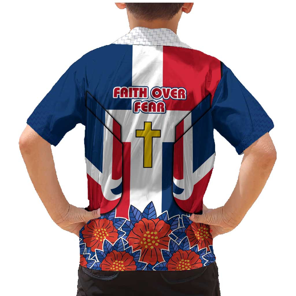 Dominican Republic Flag Family Matching Mermaid Dress and Hawaiian Shirt with Cross and Floral Design Red Blue Pattern - Wonder Print Shop