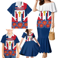 Dominican Republic Flag Family Matching Mermaid Dress and Hawaiian Shirt with Cross and Floral Design Red Blue Pattern - Wonder Print Shop