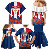 Dominican Republic Flag Family Matching Mermaid Dress and Hawaiian Shirt with Cross and Floral Design Red Blue Pattern - Wonder Print Shop
