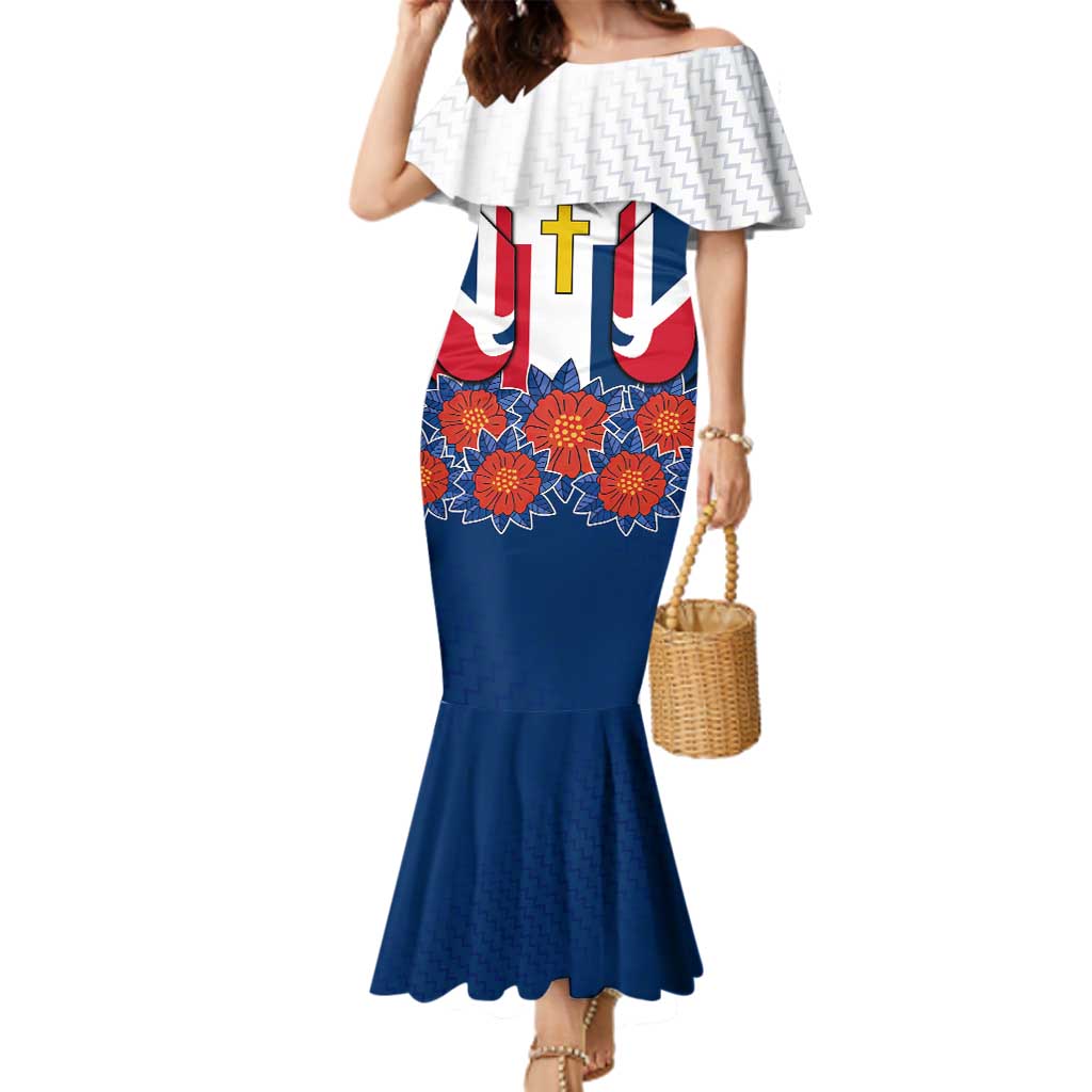 Dominican Republic Flag Family Matching Mermaid Dress and Hawaiian Shirt with Cross and Floral Design Red Blue Pattern - Wonder Print Shop