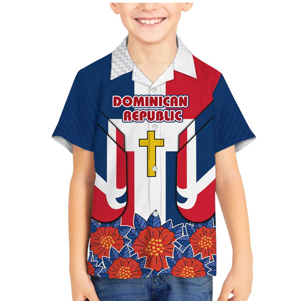 Dominican Republic Flag Family Matching Mermaid Dress and Hawaiian Shirt with Cross and Floral Design Red Blue Pattern - Wonder Print Shop