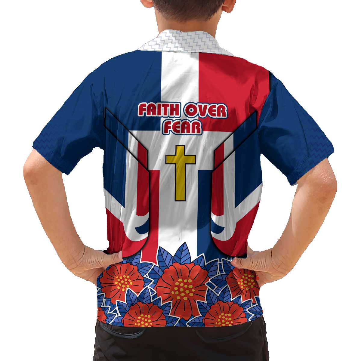 Dominican Republic Flag Family Matching Off The Shoulder Long Sleeve Dress and Hawaiian Shirt with Cross and Floral Design Red Blue Pattern - Wonder Print Shop