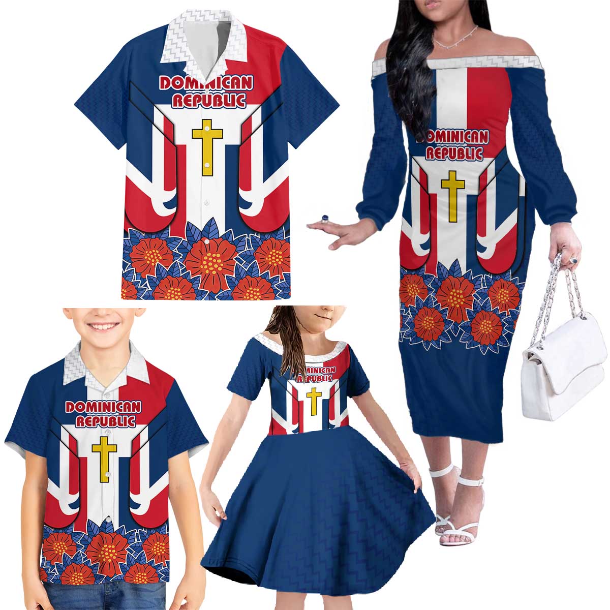 Dominican Republic Flag Family Matching Off The Shoulder Long Sleeve Dress and Hawaiian Shirt with Cross and Floral Design Red Blue Pattern - Wonder Print Shop