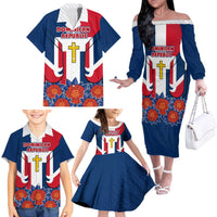 Dominican Republic Flag Family Matching Off The Shoulder Long Sleeve Dress and Hawaiian Shirt with Cross and Floral Design Red Blue Pattern - Wonder Print Shop