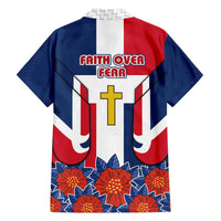 Dominican Republic Flag Family Matching Off The Shoulder Long Sleeve Dress and Hawaiian Shirt with Cross and Floral Design Red Blue Pattern - Wonder Print Shop