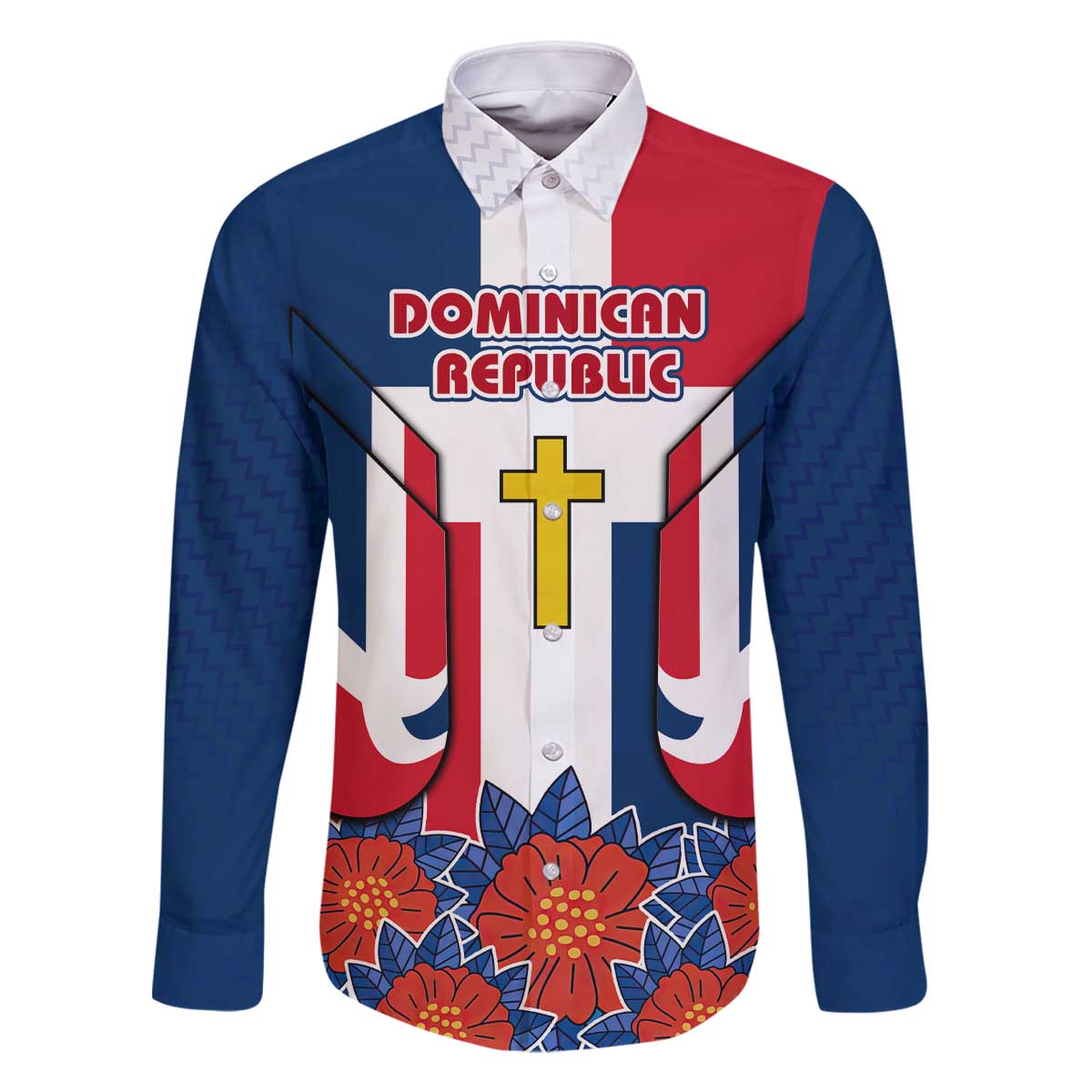 Dominican Republic Flag Family Matching Off The Shoulder Long Sleeve Dress and Hawaiian Shirt with Cross and Floral Design Red Blue Pattern - Wonder Print Shop