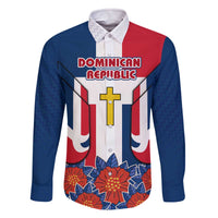 Dominican Republic Flag Family Matching Off The Shoulder Long Sleeve Dress and Hawaiian Shirt with Cross and Floral Design Red Blue Pattern - Wonder Print Shop