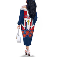 Dominican Republic Flag Family Matching Off The Shoulder Long Sleeve Dress and Hawaiian Shirt with Cross and Floral Design Red Blue Pattern - Wonder Print Shop
