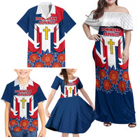 Dominican Republic Flag Family Matching Off Shoulder Maxi Dress and Hawaiian Shirt with Cross and Floral Design Red Blue Pattern - Wonder Print Shop