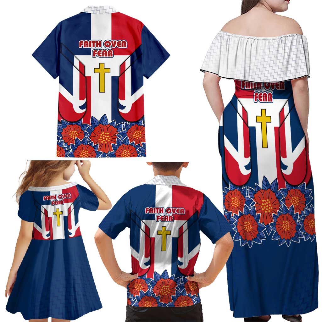 Dominican Republic Flag Family Matching Off Shoulder Maxi Dress and Hawaiian Shirt with Cross and Floral Design Red Blue Pattern - Wonder Print Shop