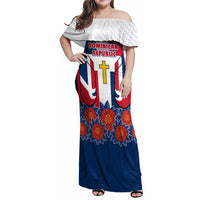 Dominican Republic Flag Family Matching Off Shoulder Maxi Dress and Hawaiian Shirt with Cross and Floral Design Red Blue Pattern - Wonder Print Shop