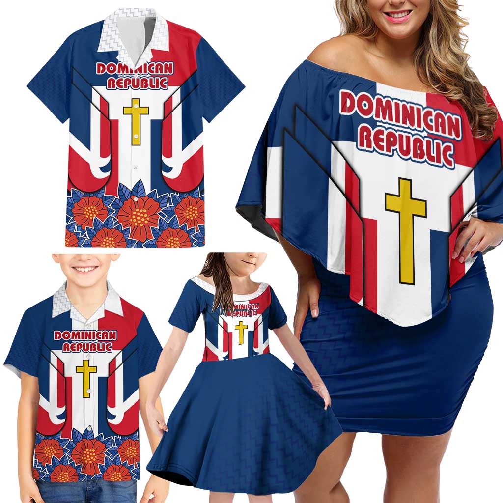 Dominican Republic Flag Family Matching Off Shoulder Short Dress and Hawaiian Shirt with Cross and Floral Design Red Blue Pattern - Wonder Print Shop