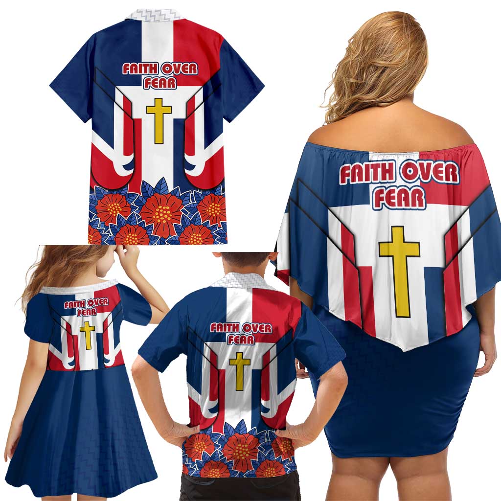 Dominican Republic Flag Family Matching Off Shoulder Short Dress and Hawaiian Shirt with Cross and Floral Design Red Blue Pattern - Wonder Print Shop