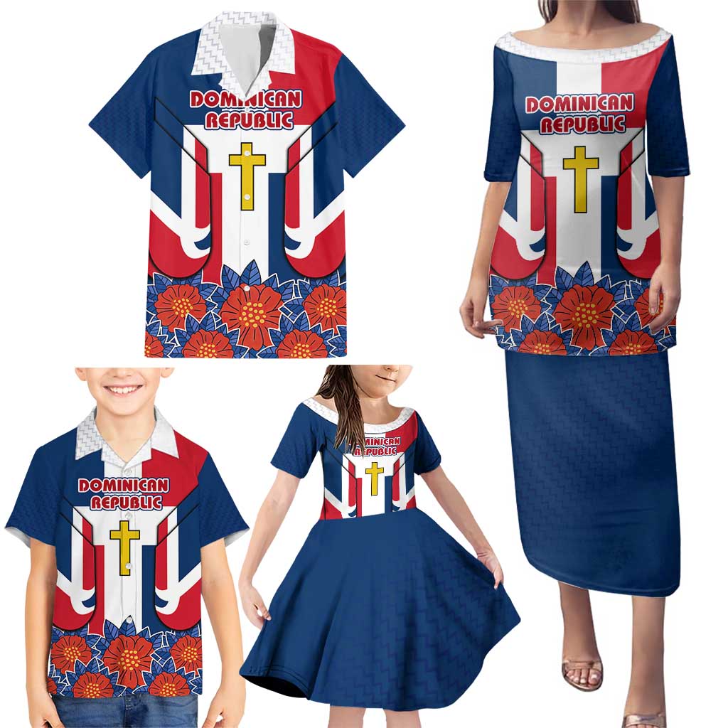 Dominican Republic Flag Family Matching Puletasi and Hawaiian Shirt with Cross and Floral Design Red Blue Pattern - Wonder Print Shop
