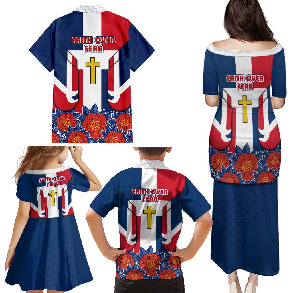 Dominican Republic Flag Family Matching Puletasi and Hawaiian Shirt with Cross and Floral Design Red Blue Pattern - Wonder Print Shop