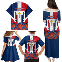 Dominican Republic Flag Family Matching Puletasi and Hawaiian Shirt with Cross and Floral Design Red Blue Pattern - Wonder Print Shop