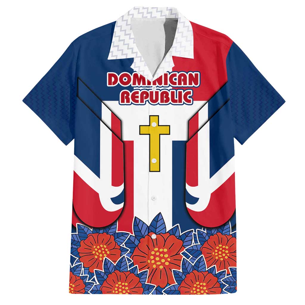 Dominican Republic Flag Family Matching Puletasi and Hawaiian Shirt with Cross and Floral Design Red Blue Pattern - Wonder Print Shop