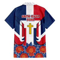 Dominican Republic Flag Family Matching Puletasi and Hawaiian Shirt with Cross and Floral Design Red Blue Pattern - Wonder Print Shop