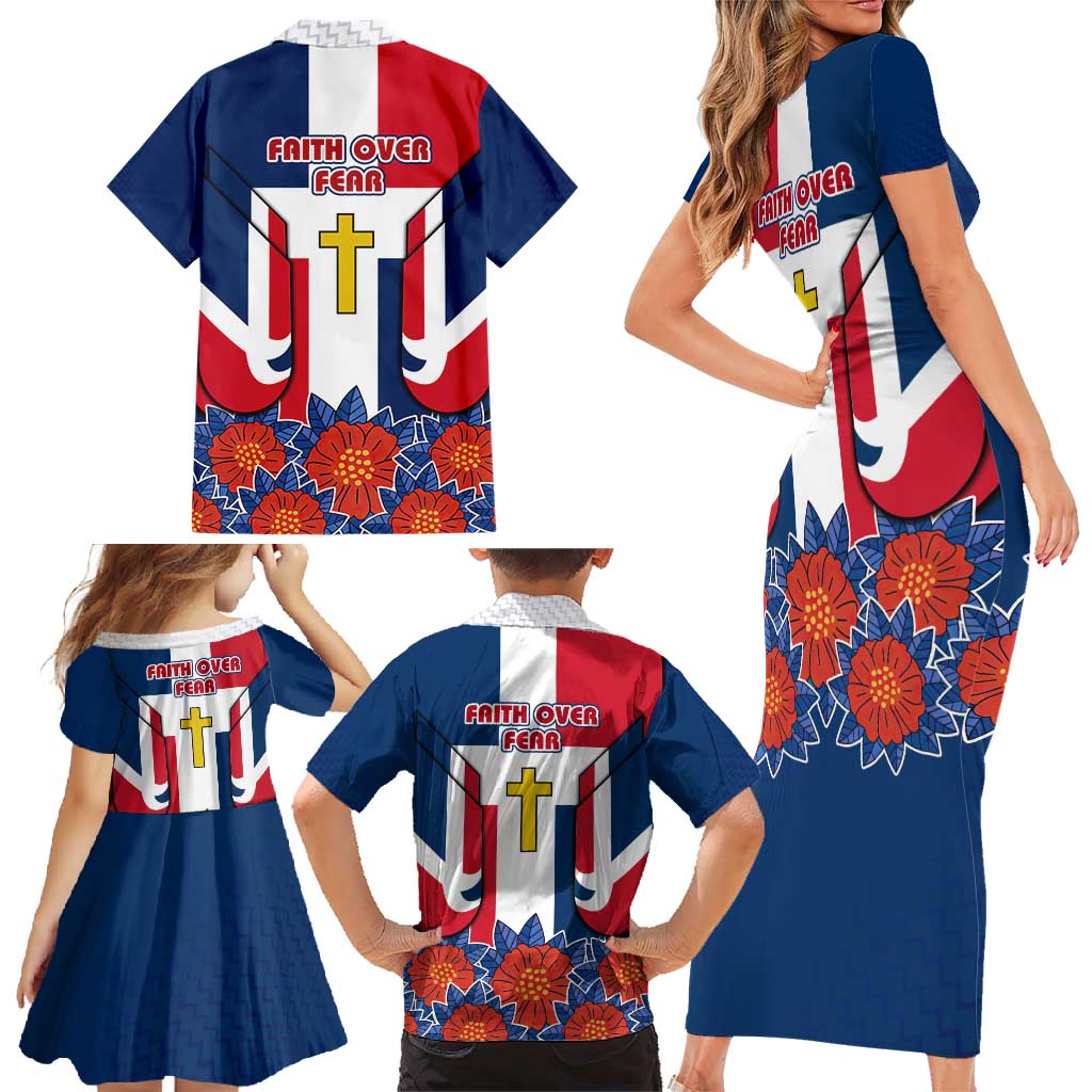 Dominican Republic Flag Family Matching Short Sleeve Bodycon Dress and Hawaiian Shirt with Cross and Floral Design Red Blue Pattern - Wonder Print Shop