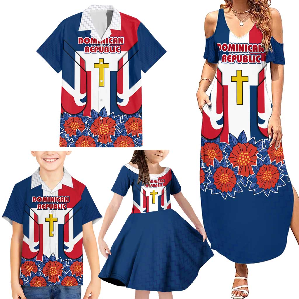 Dominican Republic Flag Family Matching Summer Maxi Dress and Hawaiian Shirt with Cross and Floral Design Red Blue Pattern - Wonder Print Shop