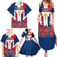 Dominican Republic Flag Family Matching Summer Maxi Dress and Hawaiian Shirt with Cross and Floral Design Red Blue Pattern - Wonder Print Shop