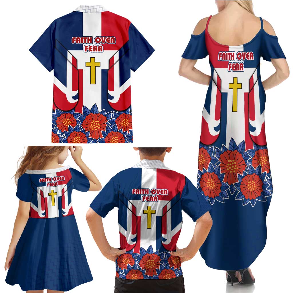 Dominican Republic Flag Family Matching Summer Maxi Dress and Hawaiian Shirt with Cross and Floral Design Red Blue Pattern - Wonder Print Shop