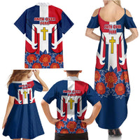 Dominican Republic Flag Family Matching Summer Maxi Dress and Hawaiian Shirt with Cross and Floral Design Red Blue Pattern - Wonder Print Shop
