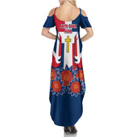 Dominican Republic Flag Family Matching Summer Maxi Dress and Hawaiian Shirt with Cross and Floral Design Red Blue Pattern - Wonder Print Shop