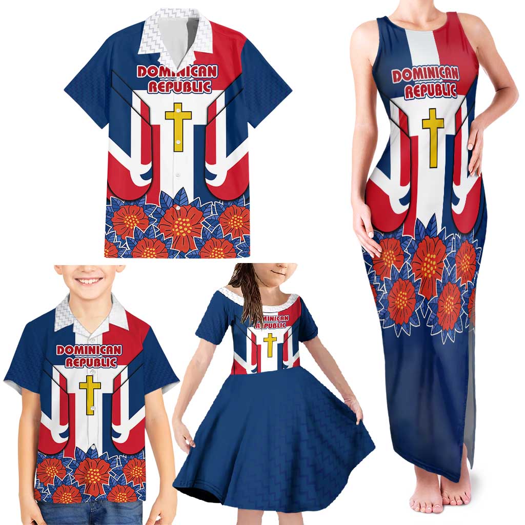 Dominican Republic Flag Family Matching Tank Maxi Dress and Hawaiian Shirt with Cross and Floral Design Red Blue Pattern - Wonder Print Shop