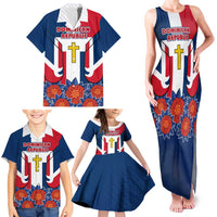 Dominican Republic Flag Family Matching Tank Maxi Dress and Hawaiian Shirt with Cross and Floral Design Red Blue Pattern - Wonder Print Shop