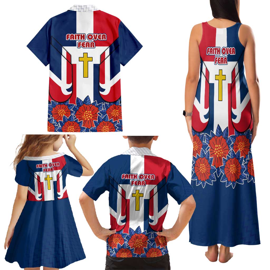 Dominican Republic Flag Family Matching Tank Maxi Dress and Hawaiian Shirt with Cross and Floral Design Red Blue Pattern - Wonder Print Shop